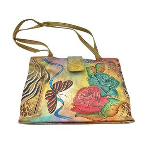 Anna Anuschka Hand Painted Roses Butterfly Shoulder Tote Bag